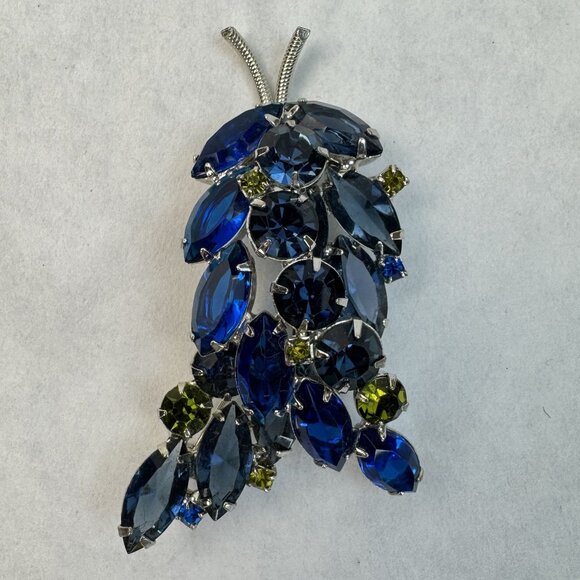 VTG Juliana Silver-Tone Leaf Brooch Blue Green Glass Rhinestone Open Back Pin - Picture 3 of 11